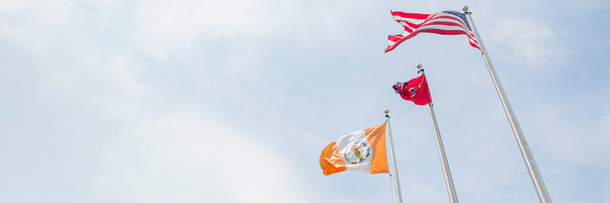 United States, Tennessee and University of Tennessee flags at the Howard Baker Center